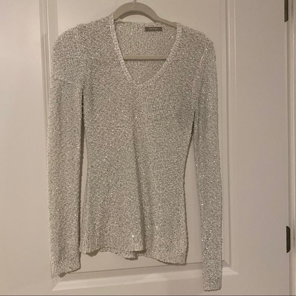 Orsay sparkly white fall sweater V-neck tight fit - Picture 7 of 13